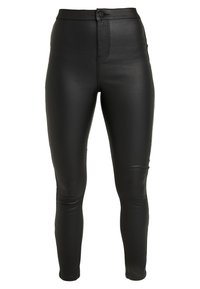 Černé legíny z umělé kůže s vysokým pasem, slim fit, hladkou texturou a jedním knoflíkem na zapínání v pase.