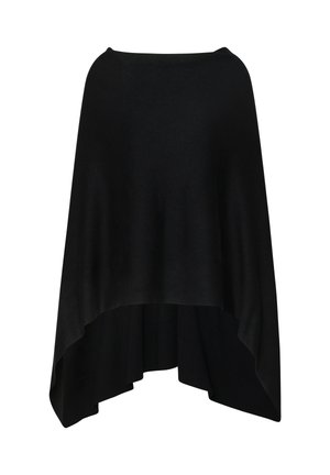Black asymmetrical poncho with boat neckline, draping fabric and longer sides against a white background.