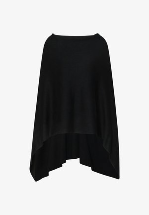 Schwarzer asymmetrischer Poncho mit U-Boot-Ausschnitt, fließendem Stoff und längeren Seiten vor weißem Hintergrund.