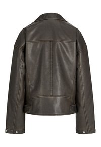 Dark brown faux leather jacket shown from the back with long sleeves, collar, and snap button cuffs.