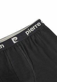 Black boxer briefs made of soft fabric, featuring a grey elastic waistband with "pierre" logo in white. Smooth texture and fitted design.