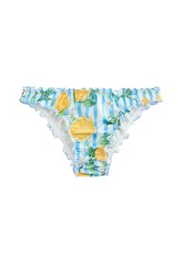 Bikini kalhotky s květinovým a pruhovaným vzorem v žluté, zelené a modré barvě, s volánkovými okraji a elastickými stranami.