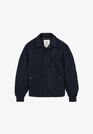 Marineblaue, leichte Jacke mit Kragen, Druckknopfverschluss, Seitentaschen und elastischen Bündchen für eine enge Passform.