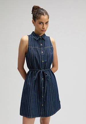 Žena s kučeravými vlasmi zviazanými do drdola, oblečená v bezrukávových tmavomodrých šatách s gombíkmi vpredu, s jemnými svetlými vertikálnymi pruhmi a opaskom previazaným v páse.