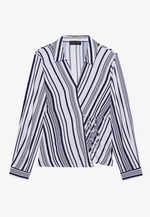Marineblauwe en witte gestreepte blouse met een kraag, wikkeldesign, lange mouwen en een zijstrikdetail. Gladde stofstructuur.