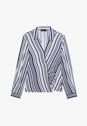 Blusa a righe blu navy e bianca con colletto, design avvolgente, maniche lunghe e dettaglio con fiocco laterale. Tessuto dalla consistenza liscia.