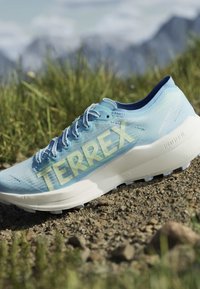Ανοιχτό μπλε παπούτσι τρεξίματος TERREX σε βραχώδες έδαφος με πράσινο γρασίδι και θολά βουνά στο φόντο.