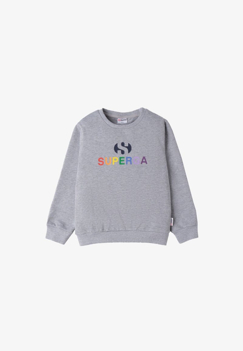 Sudadera gris en mezcla de algodón con puños y cuello acanalados. Presenta "SUPERGA" en letras grandes, con un degradado de colores del arcoíris.