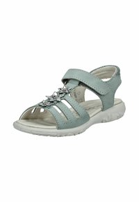 Sandal di colore azzurro chiaro realizzata in morbido materiale sintetico, con design a ritagli, tre chiusure a strappo e accentuazioni metalliche a forma di fiore sul davanti.