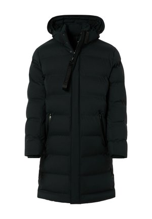 Schwarzer Steppmantel mit Kapuze, lang geschnitten, mit Reißverschlusstaschen und kontrastierendem Logo am Reißverschlussanhänger. Gepolstertes, strukturiertes Steppmuster.