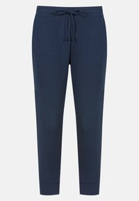 Marineblauwe joggers gemaakt van zachte stof, voorzien van een elastische tailleband met een koord en taps toelopende boorden bij de enkels.