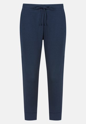 Marineblauwe joggers gemaakt van zachte stof, voorzien van een elastische tailleband met een koord en taps toelopende boorden bij de enkels.