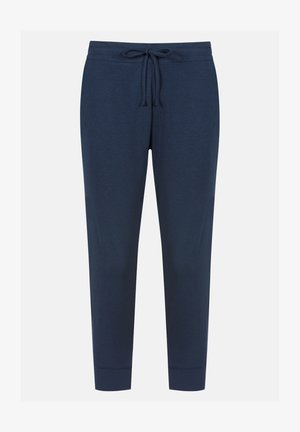 Marineblauwe joggers gemaakt van zachte stof, voorzien van een elastische tailleband met een koord en taps toelopende boorden bij de enkels.
