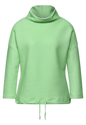 Zelená, texturovaná mikina s límcem a dlouhými rukávy. Disponuje šňůrkou na spodním lemu pro nastavitelný střih.