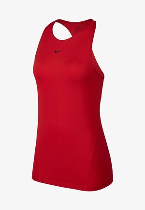 Camiseta deportiva sin mangas roja con espalda racer y pequeño logo negro de Nike centrado en el pecho.