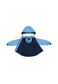 Ljusblå vattentät jacka med huva, marinblå detaljer, två sidofickor och dragkedjestängning. Slät textur med kontrasterande insida.