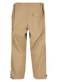 Beige, lette bukser med elastisk talje, en baglomme og justerbare lukninger ved anklerne. Glat tekstur. Casual design.