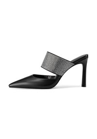 Mule nere in pelle con tacco alto, dotate di punta affilata e una fascia larga decorata con strass sulla tomaia. Texture liscia.