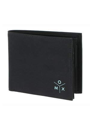 Portefeuille noir pliable avec un design minimaliste et un petit logo bleu clair "MOXY" en bas à droite.
