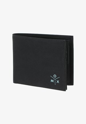 Portefeuille noir pliable avec un design minimaliste et un petit logo bleu clair "MOXY" en bas à droite.