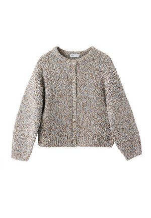 Cardigan en maille épaisse beige, gris et marron avec manches longues et fermeture à boutons sur le devant.