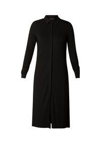 Zwarte jurk met lange mouwen, kraaghalslijn, sluiting met knopen aan de voorkant en een rechte silhouet. Gemaakt van zachte, rekbare stof.