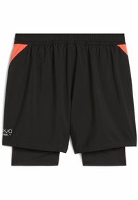 Schwarze Sportshorts mit elastischem Bund, versehen mit orangefarbenen Mesh-Akzenten an den Seiten und einem geschichteten Design über den Innenshorts.