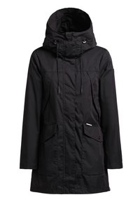 Jachetă parka neagră cu glugă, închidere cu șnur, buzunare frontale și textură netedă. Prezintă un design de lungime medie și accente minimaliste.