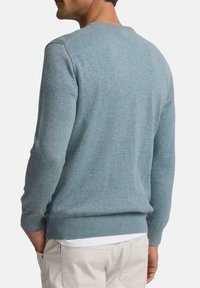 Suéter azul claro hecho de un suave tejido de punto, con cuello redondo y puños acanalados, visto desde la parte de atrás con un ajuste casual.