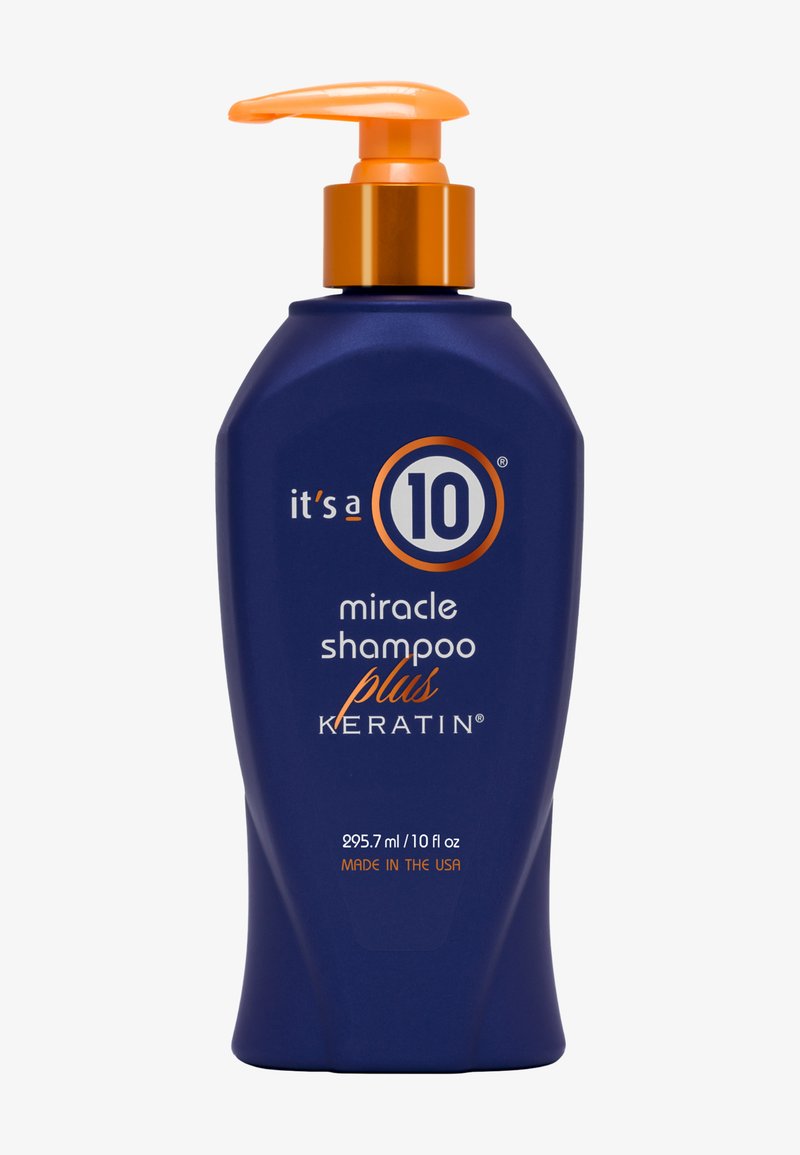 Blaue Flasche des It's a 10 Miracle Shampoo Plus Keratin mit orangem Pumpkopf, enthält 295,7 ml, hergestellt in den USA.