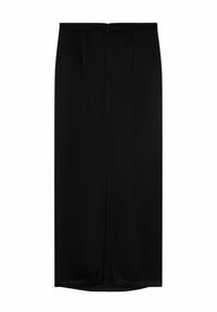 Crna midi suknja izrađena od glatkog materijala s pravim krojem, koja sadrži središnji prorez i ukrasni zatvarač na leđima.