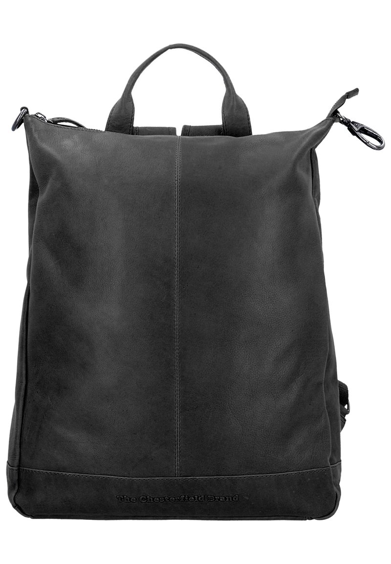 Mustat nahka selkäreppu, jossa on sileä pinta, kantokahvat ja vetoketjukiinnitys. Ominaisuuksiin kuuluu hillitty sauma keskellä ja brändilogo pohjassa.