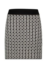 Schwarz-weißer Rock mit einem figurbetonten Design und elastischem Bund. Das Muster zeigt ineinandergreifende Formen. Glatte Textur.