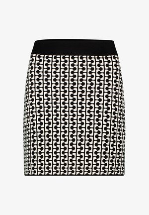 Black and white patterned skirt with a fitted design and elastic waistband. The pattern features interlocking shapes. Smooth texture.