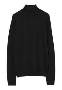 Schwarzer Pullover mit hohem, geripptem Kragen. Aus glattem, gestricktem Stoff gefertigt. Mit langen Ärmeln und lockerer Passform.