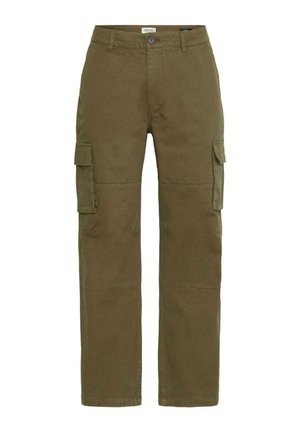 Cargo pants in olive green, made of durable cotton, featuring multiple side pockets, stitched detailing, and a straight-leg design.