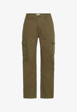 Olijfgroene cargopants, gemaakt van duurzaam katoen, met meerdere zijzakken, gestikte details en een recht model.