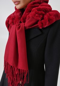 Sciarpa rossa con un morbido bordo simile alla pelliccia. Presenta bordi frangiati e uno stile avvolgente, poggiata su un cappotto nero. Tessuto testurizzato.