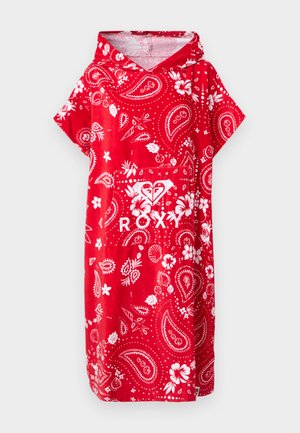 Poncho serviette à capuche rouge avec des motifs floraux blancs et des motifs cachemire, ainsi qu'une poche avant arborant le logo Roxy.