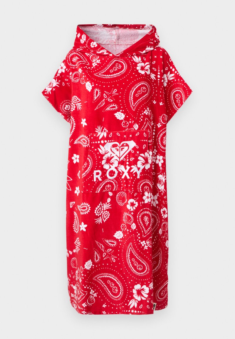 Poncho serviette à capuche rouge avec des motifs floraux blancs et des motifs cachemire, ainsi qu'une poche avant arborant le logo Roxy.
