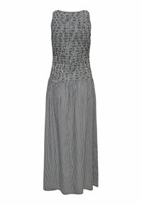 Robe sans manches à carreaux vichy noir et blanc avec un corsage ajusté smocké et une jupe fluide et froncée descendant sous les genoux.