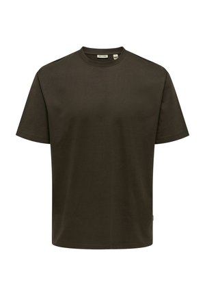 Plain dark green short-sleeve crew neck T-shirt, front view, with a small visible brand label on the inside collar.
