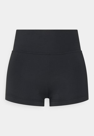 Calções atléticos pretos com uma cintura alta, feitos de material suave e elástico; apresentam costuras mínimas e um corte justo.