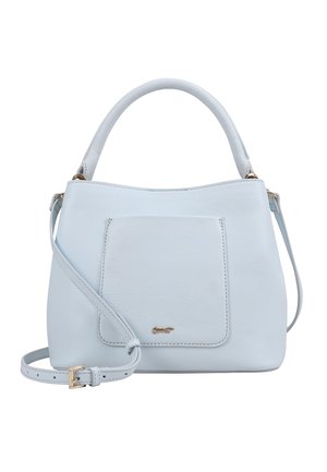 Lichtblauwe leren handtas met bovenhandvat, voorvak, afneembare verstelbare schouderriem en klein gouden logodetail.