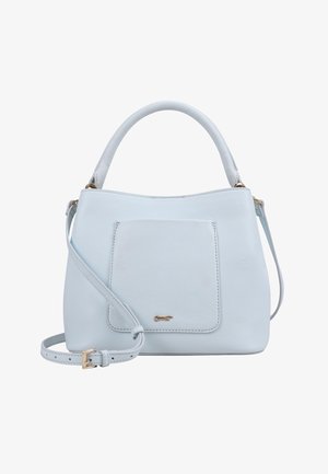 Hellblaue Lederhandtasche mit Tragegriff oben, Vordertasche, abnehmbarem, verstellbarem Schultergurt und kleinem goldfarbenem Logodetail.