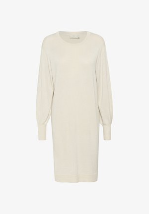 Kremowa sukienka wykonana z miękkiego dzianiny, z okrągłym dekoltem, długimi bufiastymi rękawami i luźnym krojem z ribbowymi detalami.