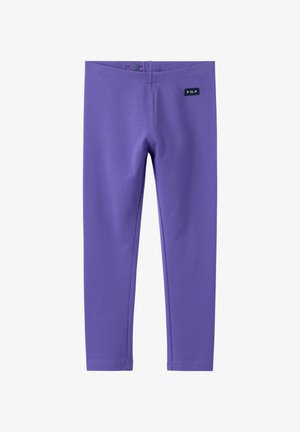 Purple leggings made of soft stretch fabric with a smooth texture. Features a button closure and a black label with "P.O.P" branding.