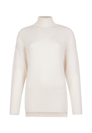 Kremowy sweter z golfem wykonany z miękkiego dzianinowego materiału, o luźnym kroju i prążkowanym obszyciu, z długimi rękawami i gładką teksturą.