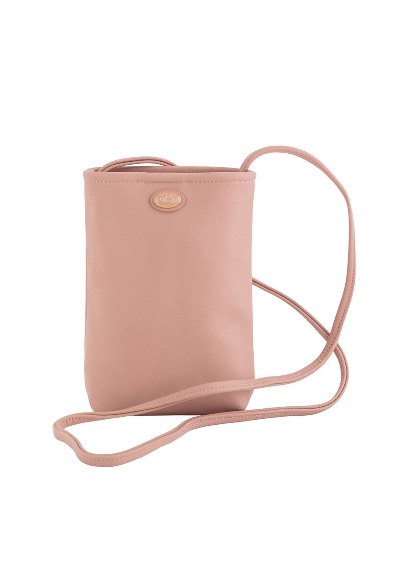 Rosa syntetiskt läder korsväska med en texturerad yta, en cirkulär logotypdetalj och en justerbar axelrem. Kompakt och rektangulär form.