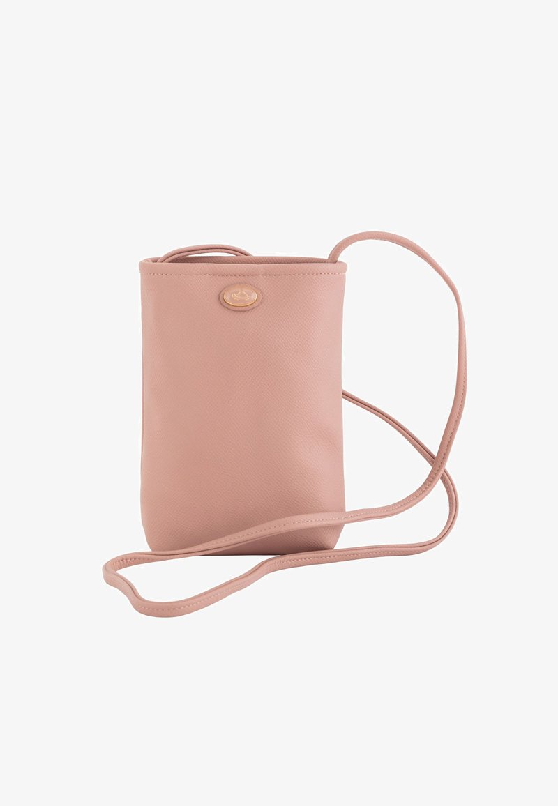 Růžová crossbody taška z umělé kůže s texturovaným povrchem, kulatým logem a nastavitelným popruhem. Kompaktní a obdélníkový tvar.